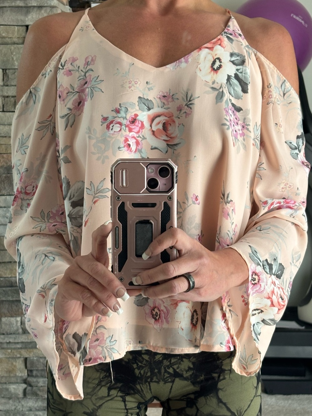 Haute Monde Floral open Shoulder Blouse — with Pink Roses